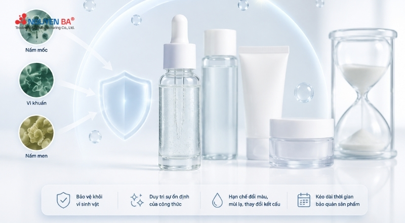 Sodium Benzoate giúp kiểm soát vi sinh, góp phần giữ mỹ phẩm ổn định và an toàn hơn.